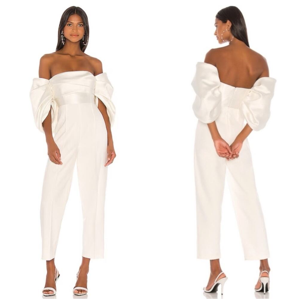 SOLACE LONDON Kasey Off the Shoulder Puff Sleeve White Jumpsuit Size 4